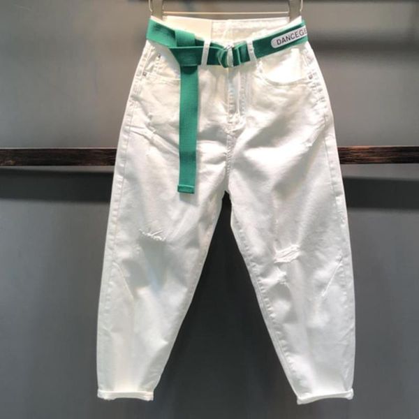 

women's jeans 2021 summer white high waist hole women loose ankle length harem pants plus size, Blue