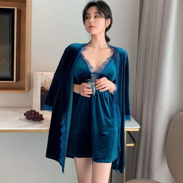 

young lady gold velour 2pcs robe set sleepwear v-neck kimono bathrobe velvet nightgown homewear gown nightwear, Black;red