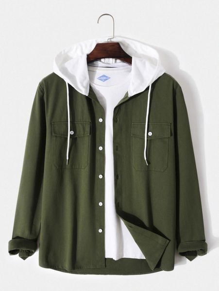 

men 1pc solid flap pocket hooded coat q5dm#, Black;brown
