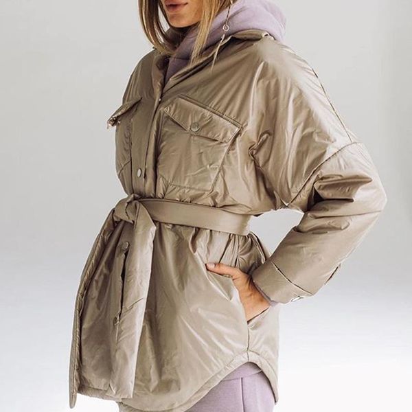 

women's down & parkas spring solid women fashion pockets coats elegant adjustable waist belt cotton jackets female ladies jn, Black