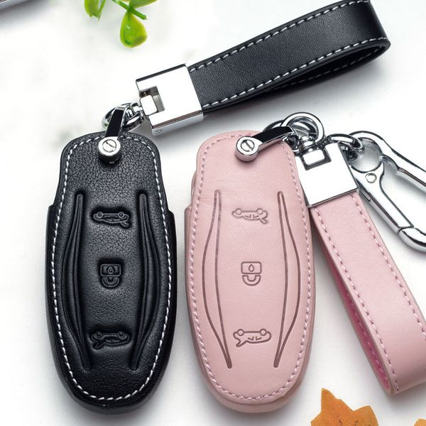 

leather car for x s model 3 remote fob key shell case cover holder protect