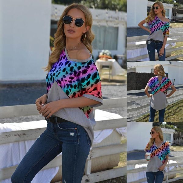 

summer women color leopard print v neck short sleeve w0009a women's t-shirt, White
