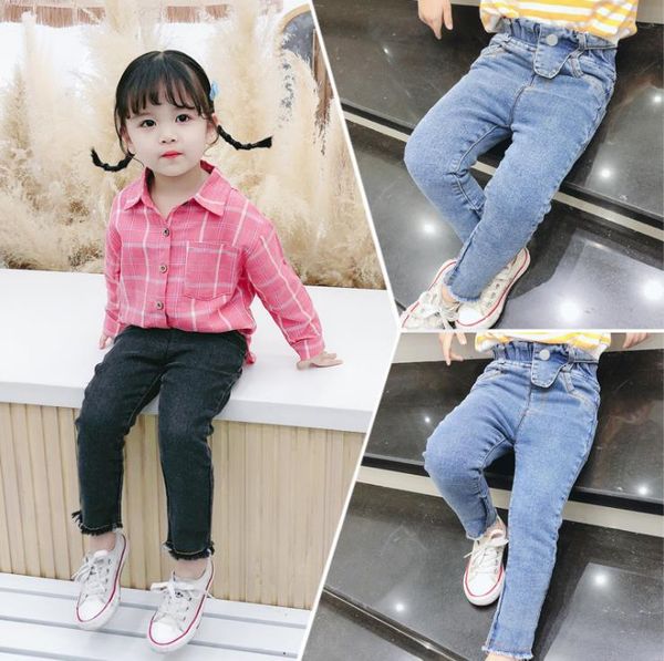 

jeans children's girls autumn solid color high-waist stretch slim baby pants, Blue