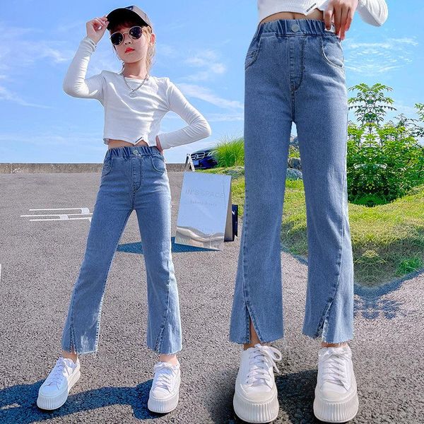 

jeans children denim pants fit slim split fashion bottom of a trouser leg spring autumn young girls skinny high waisted korean, Blue