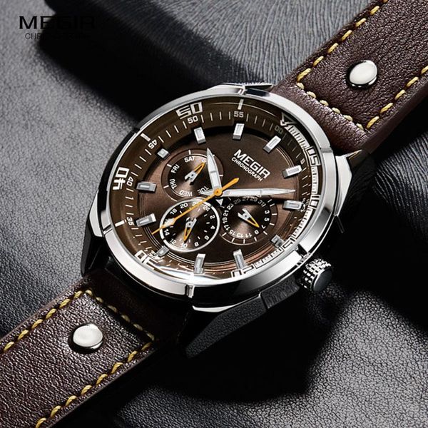 

wristwatches megir men watch calendar week mens watches military sport army leather strap classic quartz male clock box 207, Slivery;brown