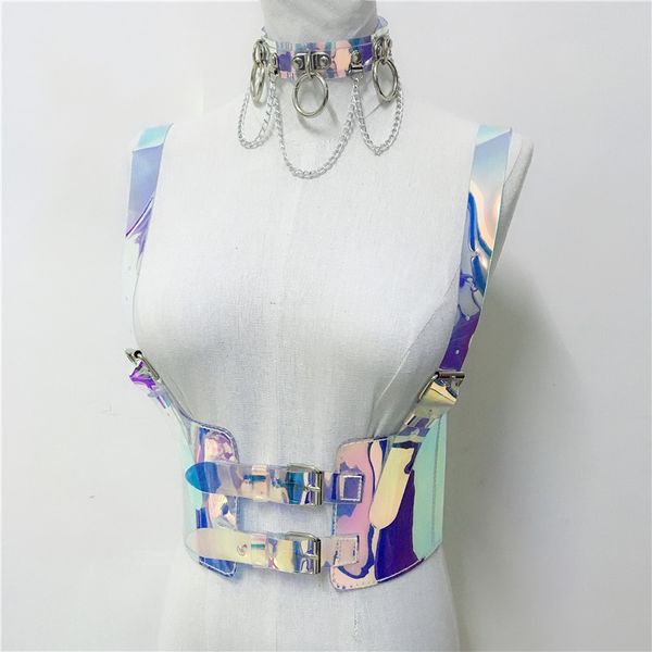 Sexy Kostüme aus transparentem PVC, brillant, Laser, Gürtel für Damen, Käfig für Damen, holografische Kristall-Halsketten, Taillenskulptur