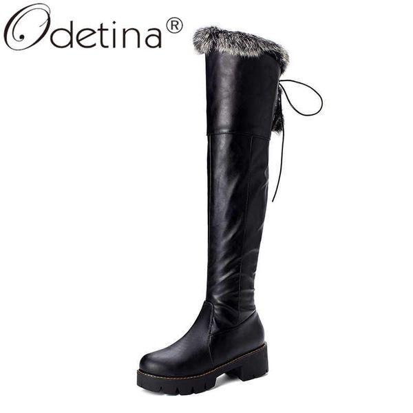 

boots odetina women's ladies thick fur thigh high side zipper winter fashion chunky mid heel snow over the knee keep warm, Black