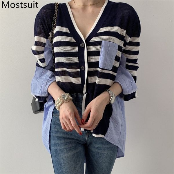 

autumn korean striped knitted spliced shirt cardigans women fashion stylish long sleeve v-neck single-breasted femme 210518, White;black