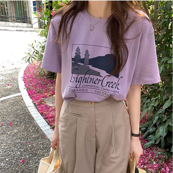 

3colors summer korean style vintage print short sleeve t-shirt womens loose casual white beige tees shirt femme (x1906) 210423