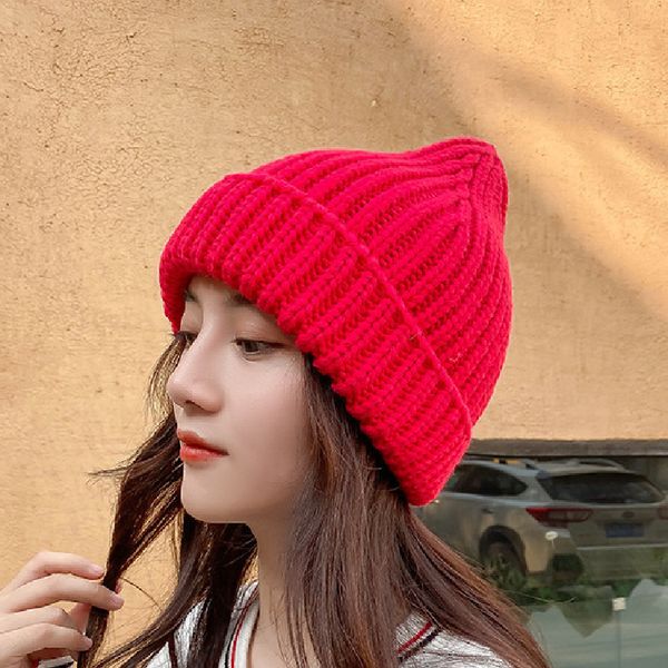 

designer curled pointed pure color ear protection for women's warm and simple winter yuansu knitted embroidered hat, Blue;gray