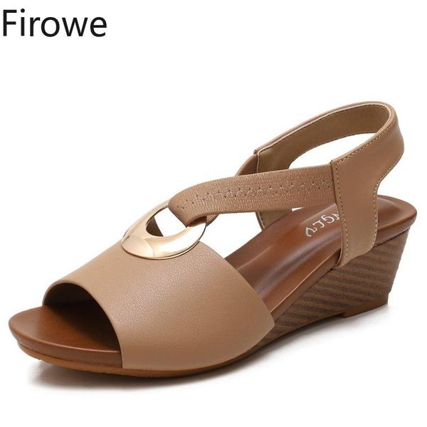 

firowe women pu leather elastic band peep toe sandal wedges sandalias de mujer shoes for casual sandals 5cm, Black