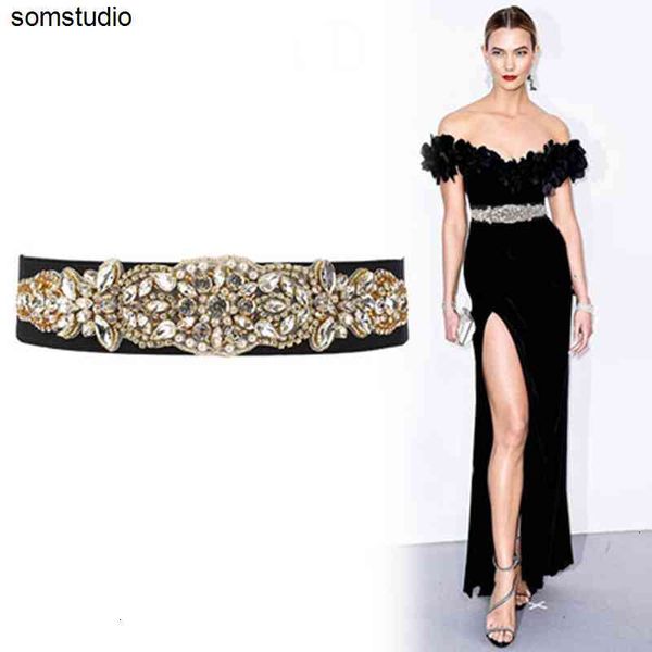 

luxury shiny diamond wide waist belt for woman rhinestone elastic waistband ladies colorful crystal dress decoration, Black;brown