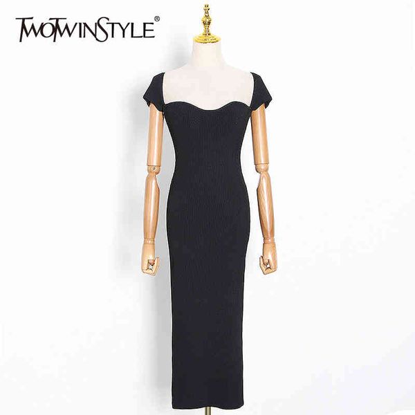 

twotwinstyle slim white back split dress for women square collar short sleeve high waist knitted dresses female fashion new 210428, Black;gray