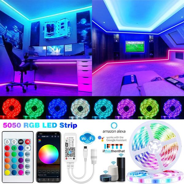 

wifi led strip light smart alexa bluetooth luces lamp rgb smd dc12v 5m 10m 15m-30m app control flexible tape ribbon strips