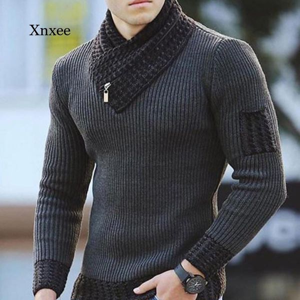 

men's sweaters long sleeve scarf collar sweater 2021 european and american casual knitting slim fit knitted pullover wear, White;black