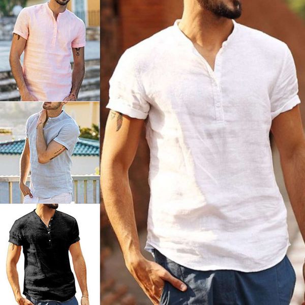 

men's shirt men's stand collar cotton linen short sleeve shirt, White;black