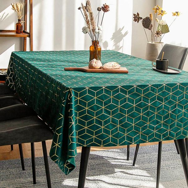 

luxury foil printing bronzing velvet table cloth soft rectangular pink green home gold line geometric table-cloth