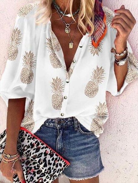 

casual pineapple print office women shirt autumn lapel fashion button access control female white 3xl