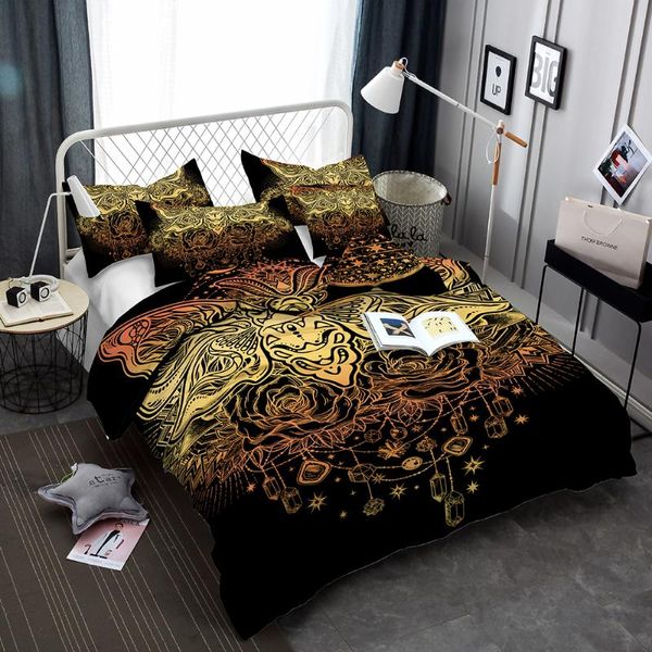 Bettwäsche-Sets Golden Black Floral Set Schlafzimmer Dekor Jungen Männer Geschenke Bettdecke Tröster Abdeckung Quilt 2/3 Stück Tagesdecke Kissenbezüge