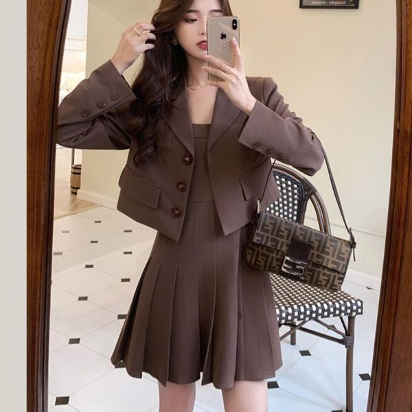 

autumn winter two piece set womens tracksuits blazer coat pleated spaghetti strap mini dress suits 2 outfits, Gray