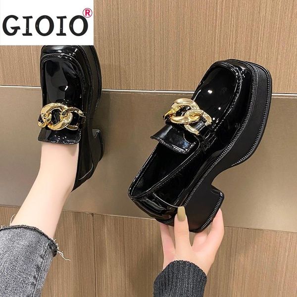 

dress shoes female pumps women's fashion mary janes women square toe metal chain loafers ladies casual heels zapatos de mujer, Black