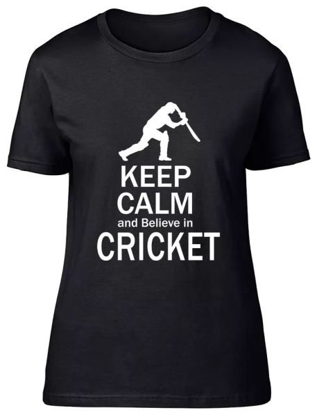 

keep calm and believe in cricket fitted womens ladies t shirt, White;black