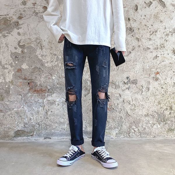 

jeans summer ripped men's slim fashion hole biker jeans men streetwear korean hip-hop straight denim trousers mens s-2xl, Blue