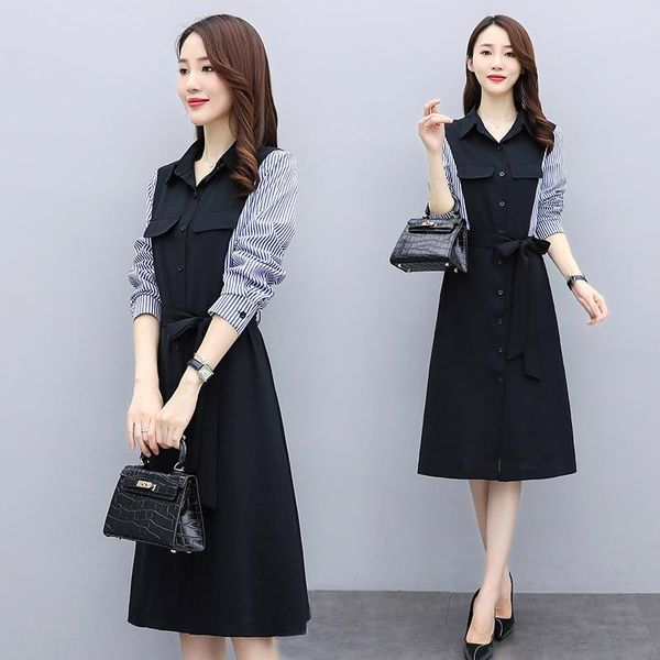 

casual dresses design office lady dress women patchwork ladies long sleeve korean sashes vestidos de fiesta noche plus size, Black;gray