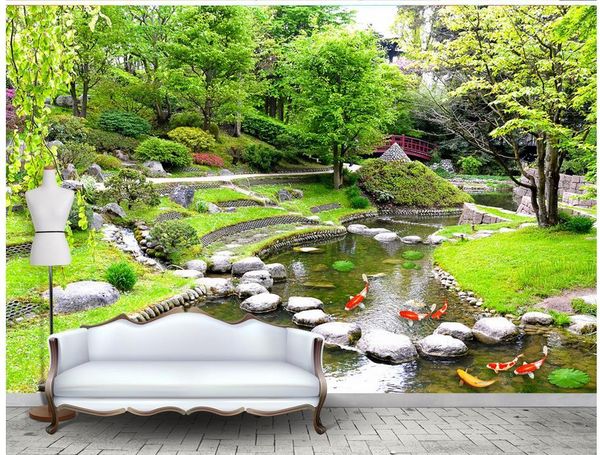 

wallpapers po wallpaper living room 3d painting original beautiful green park landscape small river water koi lotus leaf
