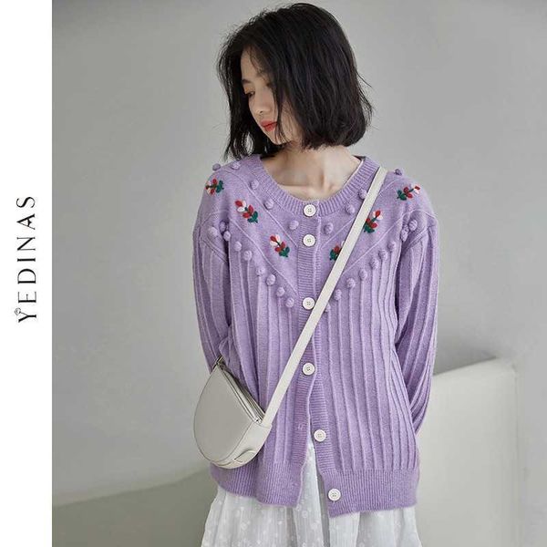 Yedinas Autunno Inverno Maglione Donna Manica lunga Cardigan in cashmere Cappotto Bianco lavorato a maglia Viola Sweet Girls 210527