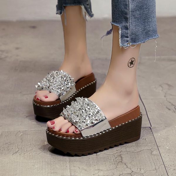

slippers lucyever women shoes thick bottom platform flip flops rhinestone flat slipper comfortable summer beach slides woman, Black