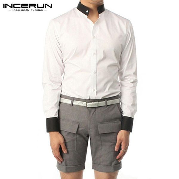 

long sleeve stand collar blouse leisure button camisa 2021 spring patchwrok men shirts incerun male business dress 5xl 7 men's casual, White;black