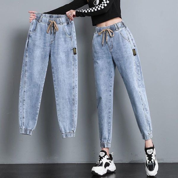 

women's jeans for women in 2021, the korean version of loose, slim, elastic waist and feet harlan dad pants, Blue