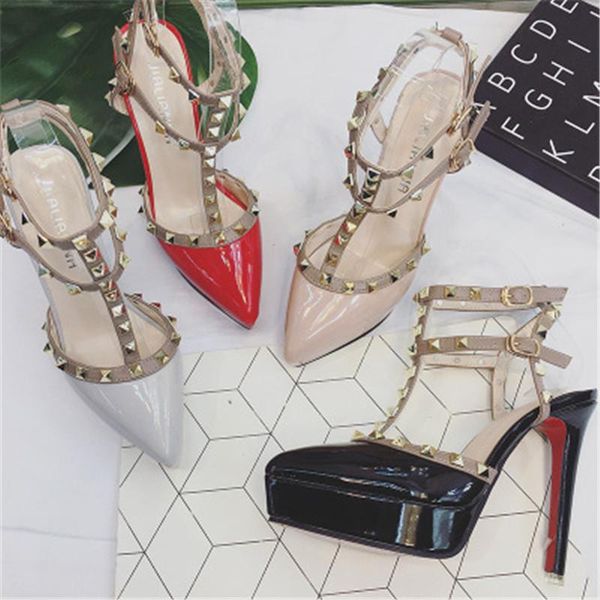 

dress shoes fashion high heels pointed toe waterproof platform rivets stiletto heel were thin nightclub, Black