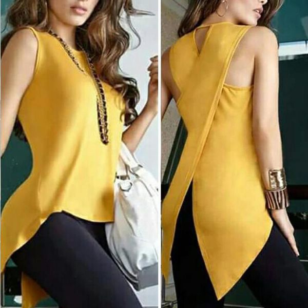 

summer women back cross irregular halter solid color sleeveless slim tank vest women's tanks & camis, White