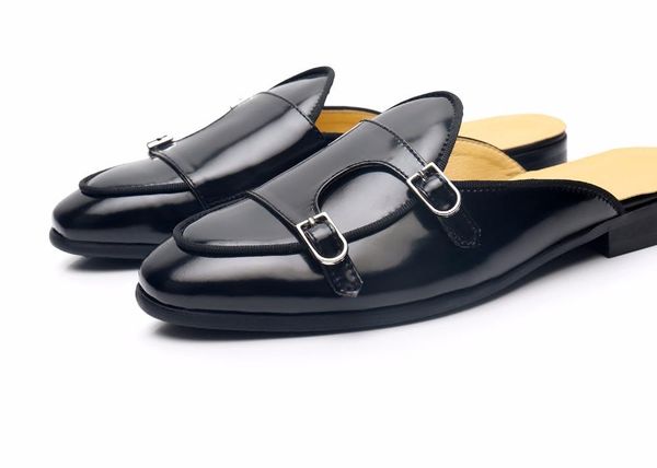 

dress shoes slippers for men buckle genuine leather flat leisure loafers men's half slipper, Black