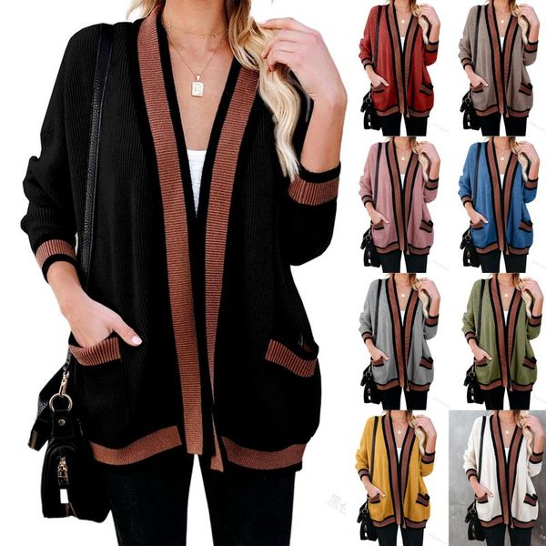 

women's knits & tees cardigan women casual knitted open front sweater 2021 autumn fashion patchwork long sleeve cardigans pocket jacket, White