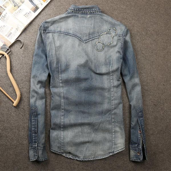 

men's casual shirts vintage patch design denim men autumn fashion washed work long sleeve street pocket single breasted male, White;black