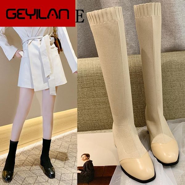 

boots women's ankle 2021 autumn winter sock knee low heel ladies casual stretch knitting booties woman shoes, Black