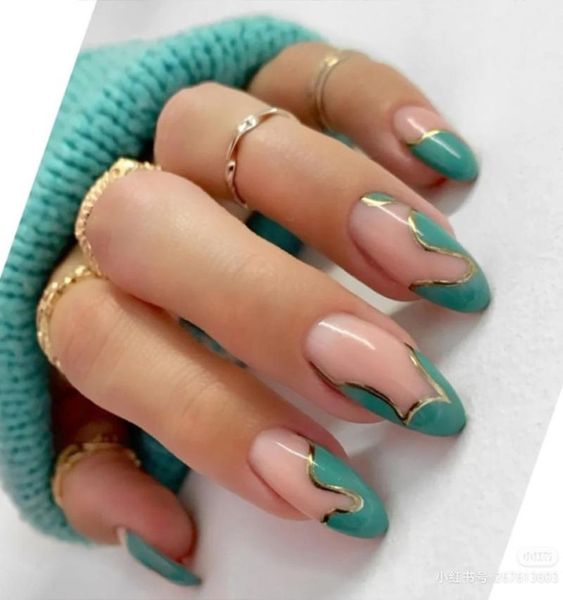 

false nails 24pcs green cute summer style fake press on manicure decoration with gold lining nail, Red;gold
