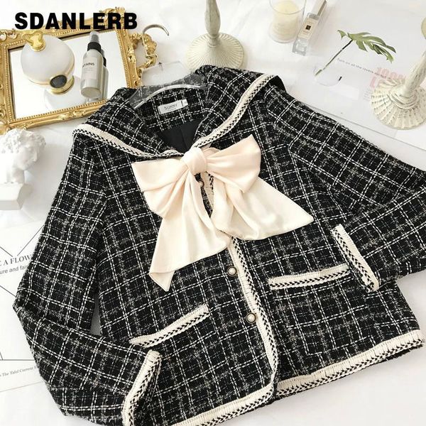 

women's tracksuits autumn and winter french elegant jacket plaid navy large lapel bow tie tweed shawl cotton coat + shorts two piece se, Gray