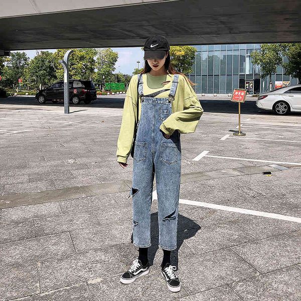 

women's jeans retro casual bib pants wide leg jumpsuits loose leisure street fashion oversized denim damaged washing 9ggl, Blue