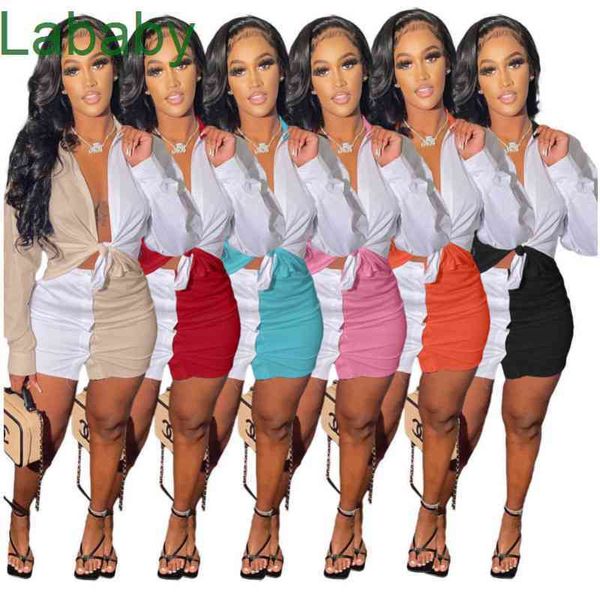Женщины Scestsuits 2-х кусок платье набор дизайнер с длинным рукавом рубашка летняя одежда футболка полый цвет с шитью верхнюю короткую юбку S-XL 6 цветов