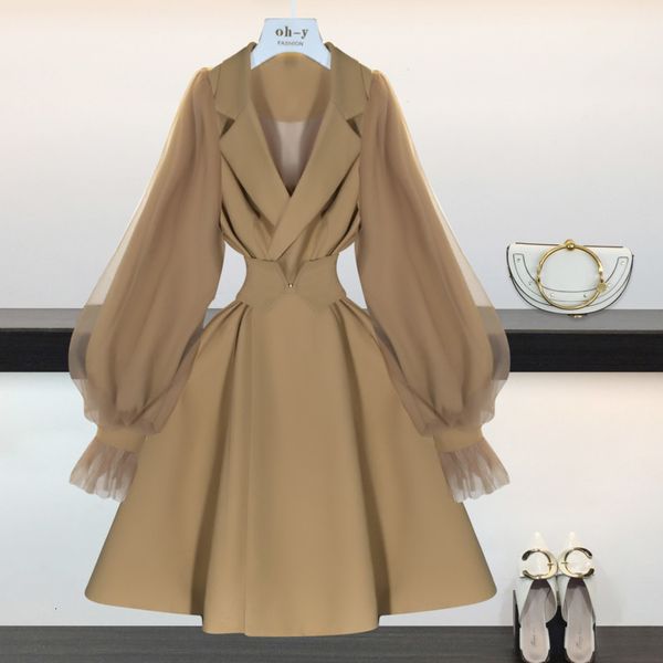 

women's trench coats [ewq] mesh patchwork lantern sleeve vintage women khaki leisure long woman clothes iz1j, Tan;black