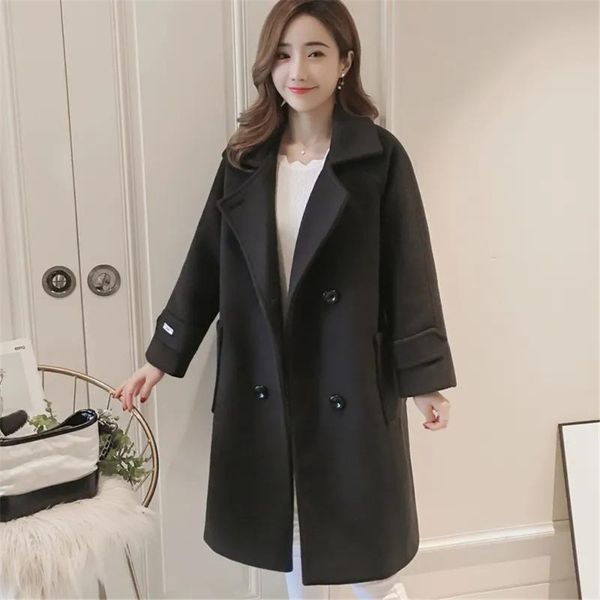 

women's wool & blends autumn and winter woolen coat 2021 fashion korean version mid-length casual overcoat solid turndown collar, Black