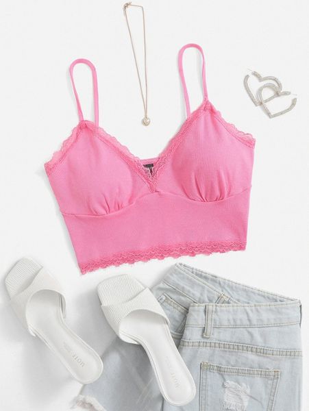 

rib knit contrast lace trim cami s7kg#, White