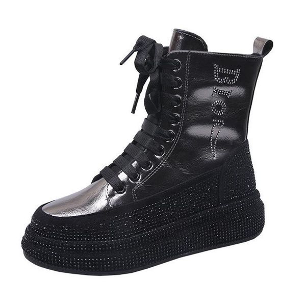 

boots 2021 winter women's flat thick bottom rhinestone short plus velvet warm cotton, Black