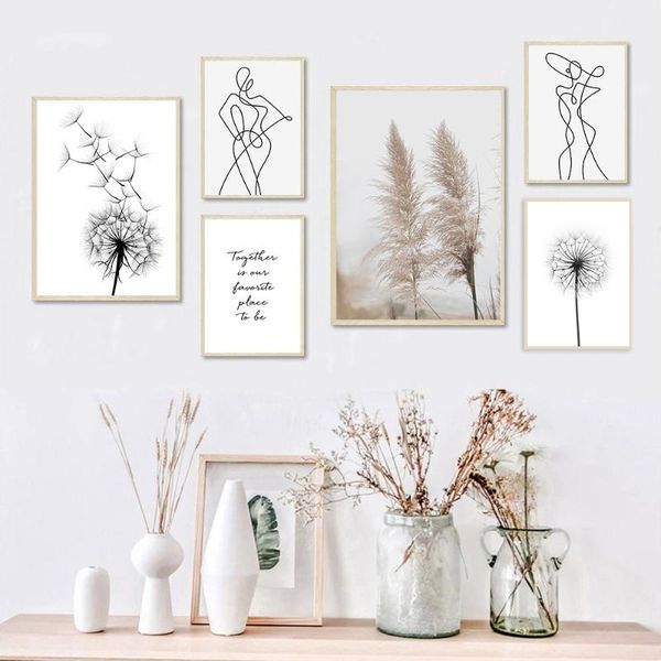 

paintings black and white abstract line art canvas poster reed grass dandelion print painting quote nordic wall pictures living room decor