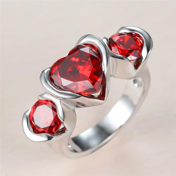 

wedding rings cute round red crystal zircon ring love heart stone for women men jewelry vintage fashion silver color bridal, Slivery;golden