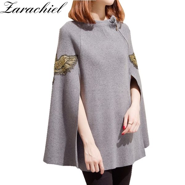 Glod Stickerei Perlen Pullover Herbst Casual Split Streetwear Poncho Cape Mantel Gestrickte Wolle Pullover Mantel 210416